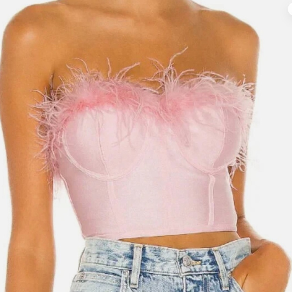 superdown Pink Feather Trim Bustier Crop Top
